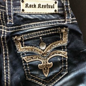 Dark washed rock revival jeans with rhinestone